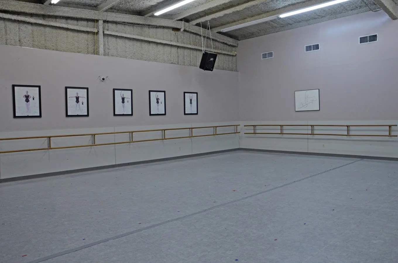 Large Dance studio room with ballet position diagrams and barre at Amy Blake's Academy of Dance. Marley and Sprung Floors