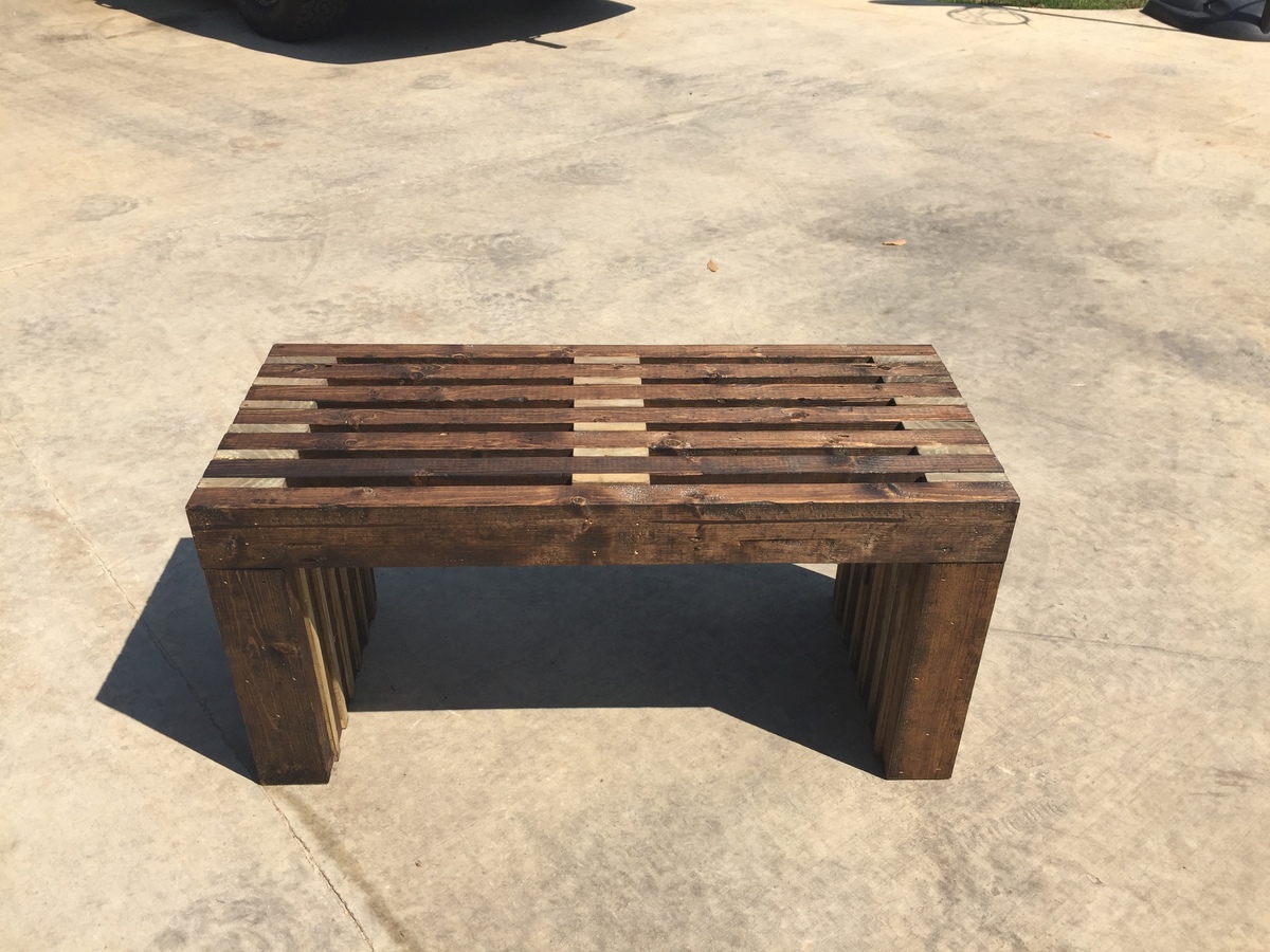 Exterior, simple idea of long diy patio bench concept made of wooden material in natural. Ana White | Modern Slat bench - DIY Projects