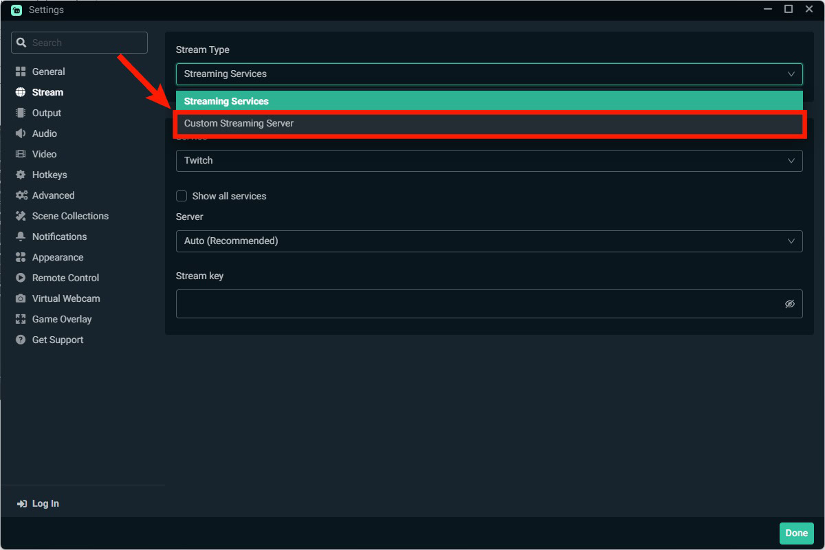 select Custom Streaming Server select Custom Streaming Server