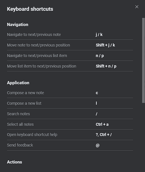 Google Keep Keyboard Shortcuts