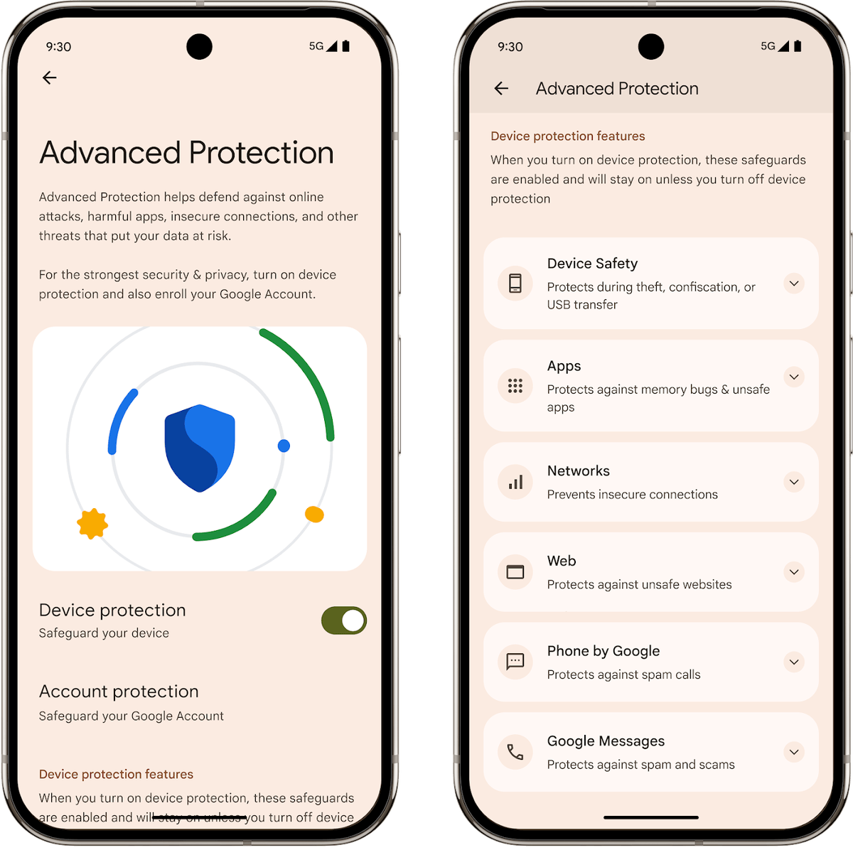 Android Advanced Protection settings screens on a Pixel phone