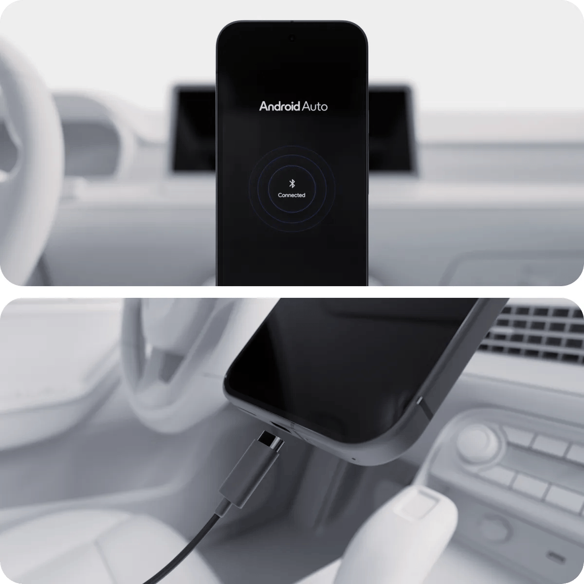 Phone showing the Android Auto Bluetooth connected screen mounted inside a car