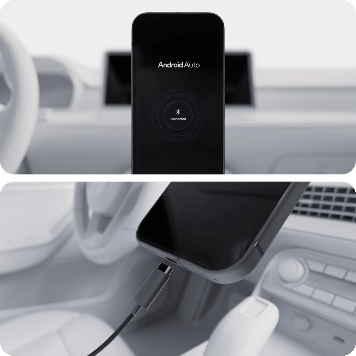 Phone showing the Android Auto Bluetooth connected screen mounted inside a car