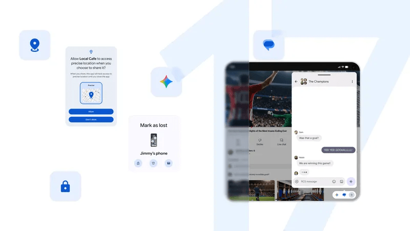 Android 17 privacy and security features shown on a Pixel foldable, including a lock icon and app permission prompts