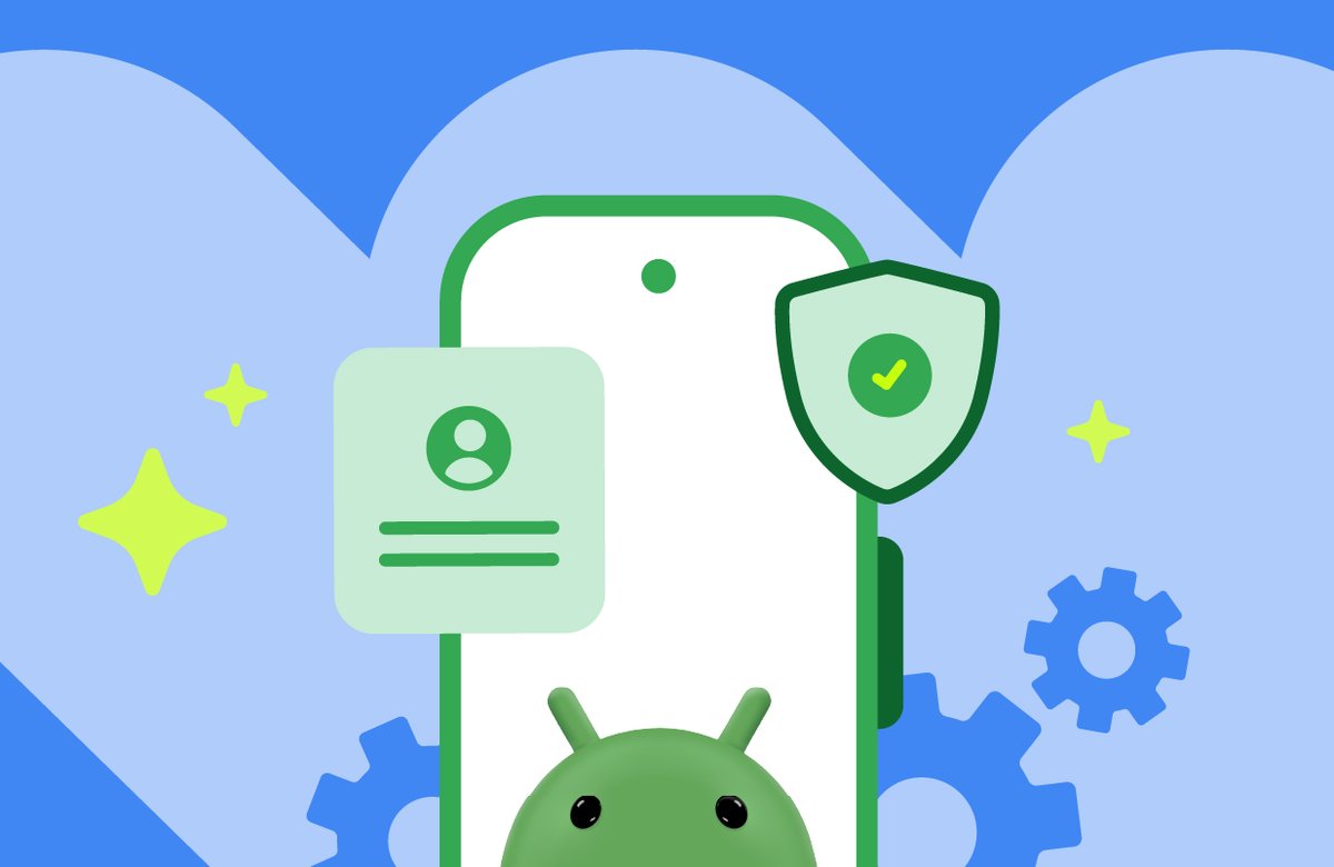 Android developer verification illustration with an ID card and security shield beside a phone
