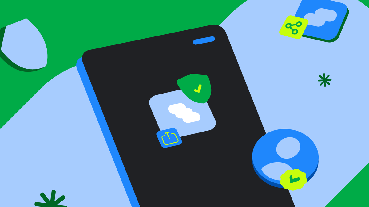 Android developer verification illustration showing an app install with a green security shield and a verified account badge