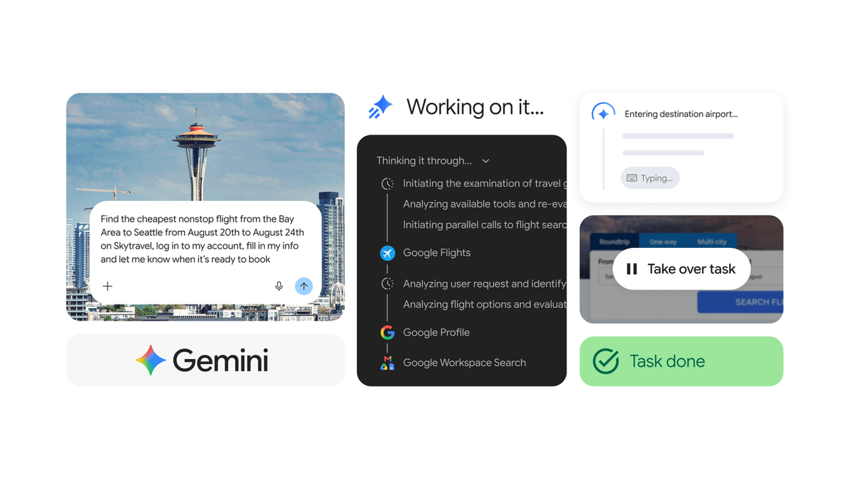 Google Gemini Spark interface showing a scheduled task running and a Take over task control