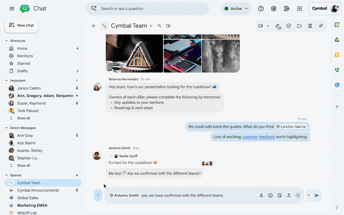 Google Chat interface showing a saved draft message and the Drafts shortcut in the sidebar