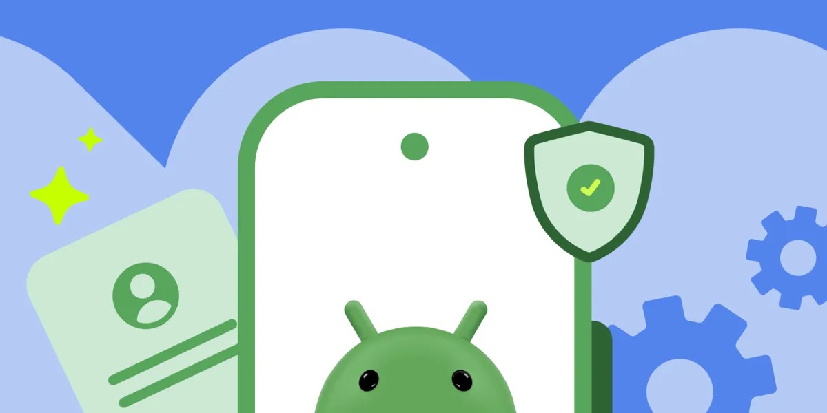 Android developer verification illustration showing a phone with a security shield and an ID card