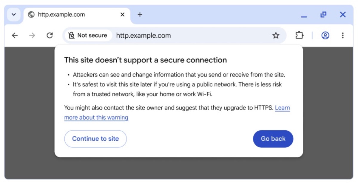 Chrome HTTPS warning dialog saying the site doesn't support a secure connection