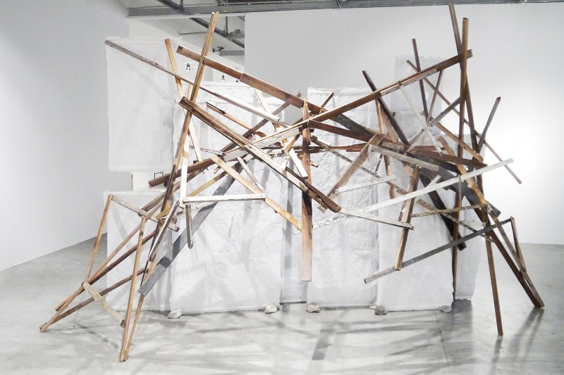 Inextricable Intertangling, 2017 Mixed media on found fabrics and wooden scaffolding 10 feet x 15 feet x 8 feet