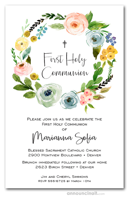 Shown in 5 x 7 for $3.16. Spring Wreath First Holy Communion Invitations