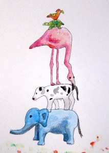 A colorful illustration of an animal stack featuring a bird, flamingo, dog, and elephant standing on top of each other.