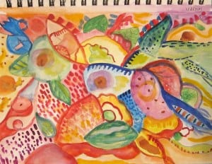 A colorful abstract painting with vibrant shapes and patterns in hues of red, orange, yellow, green, and blue, resembling an artful page from a sketchbook.