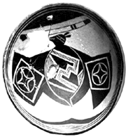 Black and white image of a circular shield adorned with geometric symbols and icons, including stars and crosses.