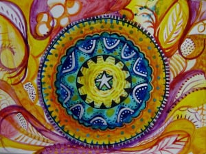 Mixed media art featuring a colorful abstract painting with a central circular pattern surrounded by vibrant swirls of yellow, orange, and purple.