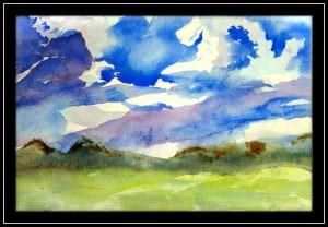 A watercolor painting features green hills under a vibrant blue sky with clouds in shades of white and purple.