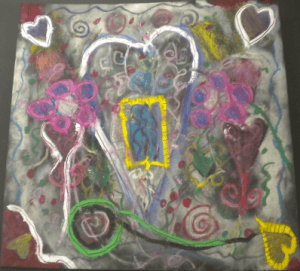 Colorful abstract painting with hearts, spirals, a yellow rectangle, and pink, green, and white swirls and shapes showcased beautifully.