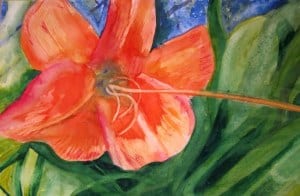 Close-up of an orange flower with long, green leaves against a blue background.