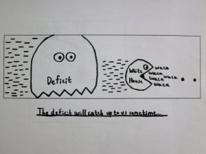A large figure labeled "Deficit" chases a smaller figure labeled "House," which repeatedly says "work." Text below reads, "The deficit will catch up to us sometime." This editorial cartoon humorously highlights the looming financial challenges.