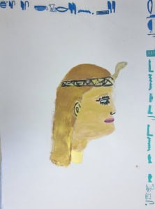 A profile picture of an ancient Egyptian queen featuring hieroglyphic borders on the top and right sides, suitable for 4th/5th-grade projects.