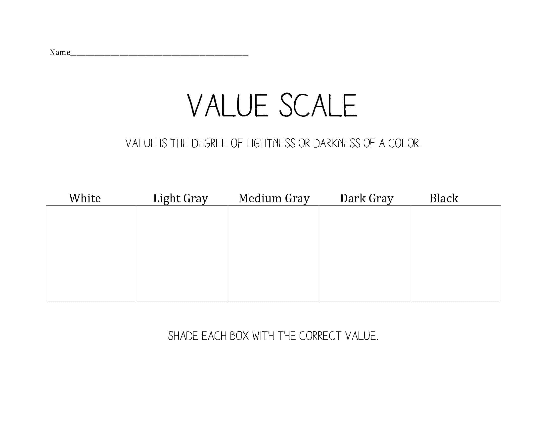 A worksheet featuring a value scale with boxes labeled White, Light Gray, Medium Gray, Dark Gray, and Black for shading.