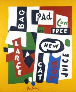 A collage showcasing bold words like "BAG," "PAD," "LARGE," "COW," and "NEW" on a yellow background.