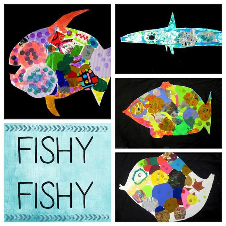 Colorful fish collages and the text "FISHY FISHY" on a teal background. Four creative Rainbow Fish designs reminiscent of Kindergarten projects are set against a black background.