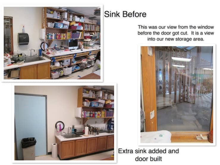 Two images of a renovation: one showing a cluttered sink before, and the other with an added sink, a new door built, and space ready for art room construction.