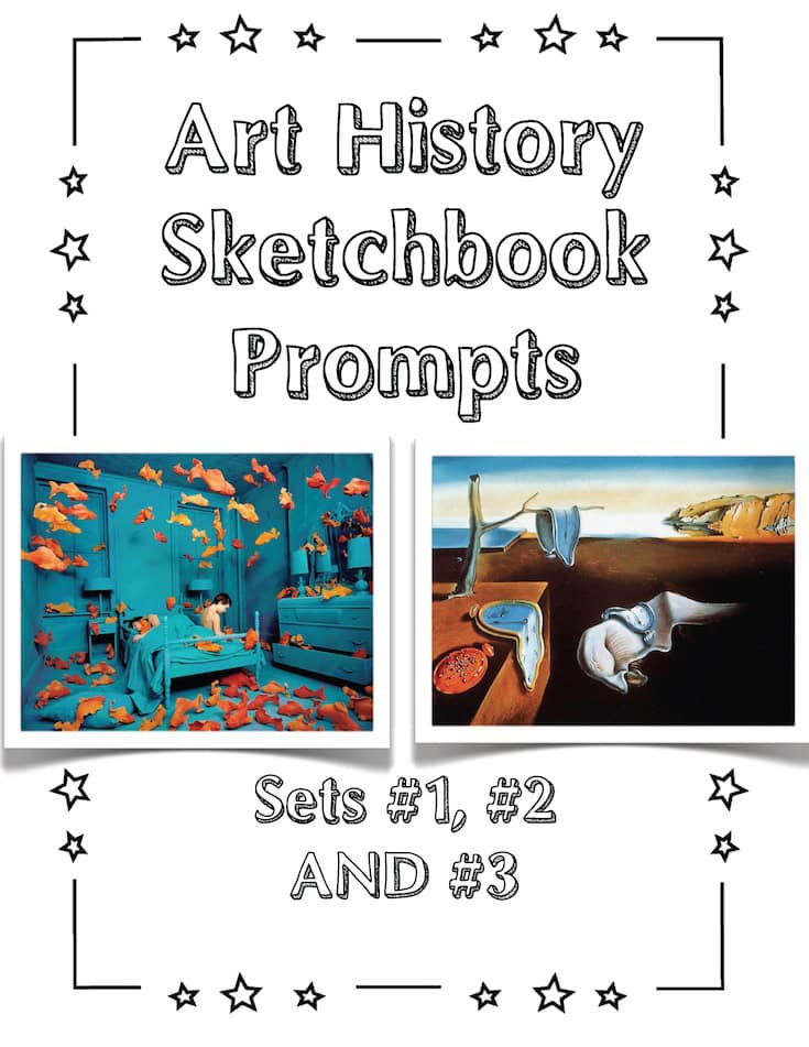 Art History Sketchbook Prompts cover with surreal art pieces and text: 'Sets #1, #2, AND #3' surrounded by stars.