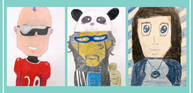 Three hand-drawn characters: a bald man in sunglasses, a panda-masked figure, and a girl with blue eyes and brown hair showcasing Manga Faces style.