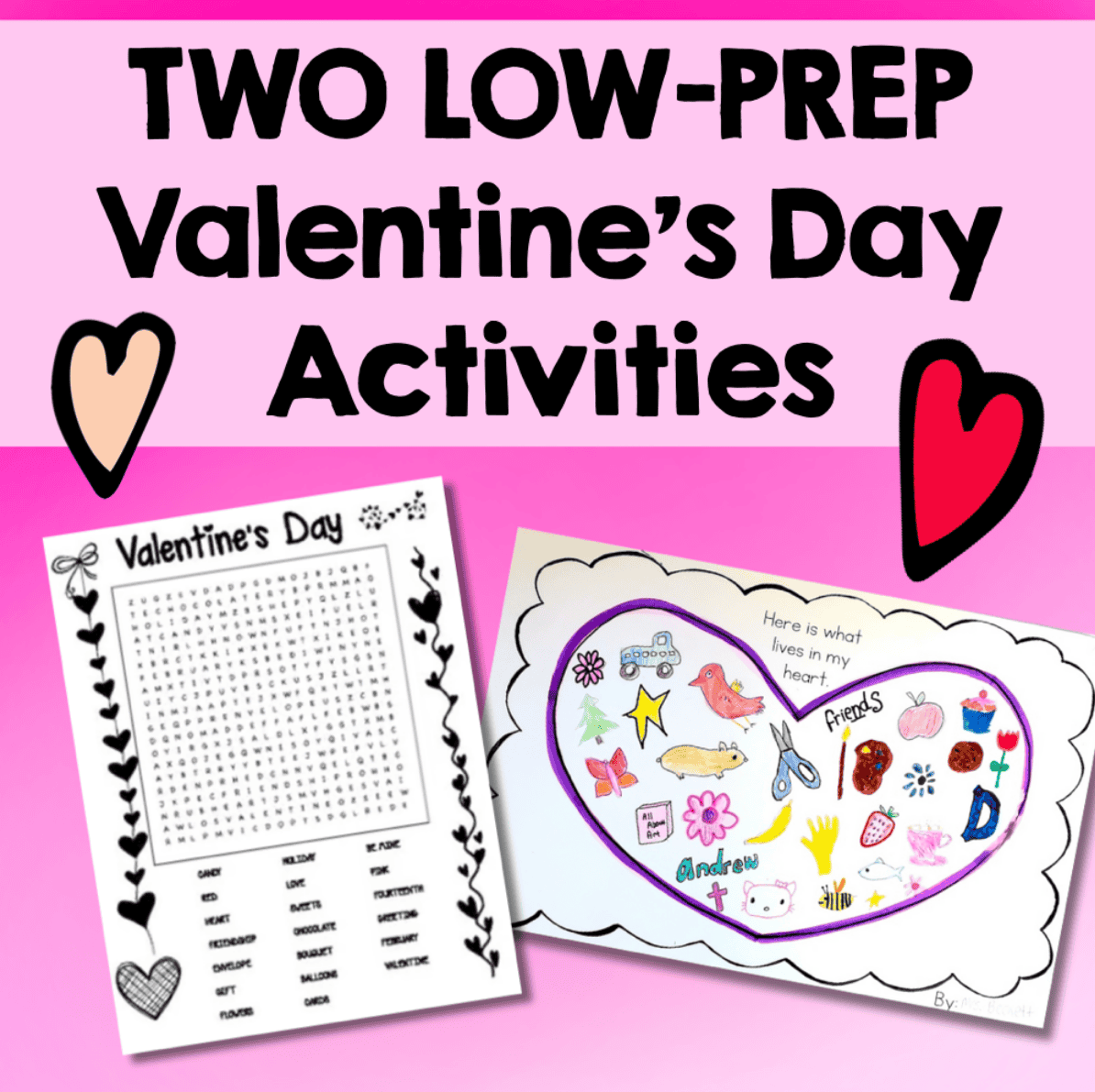 Two Valentine's Day activities: a word search and a heart-themed coloring sheet, each featured against a pink gradient background adorned with decorative hearts, making it perfect for Valentine's pictures.