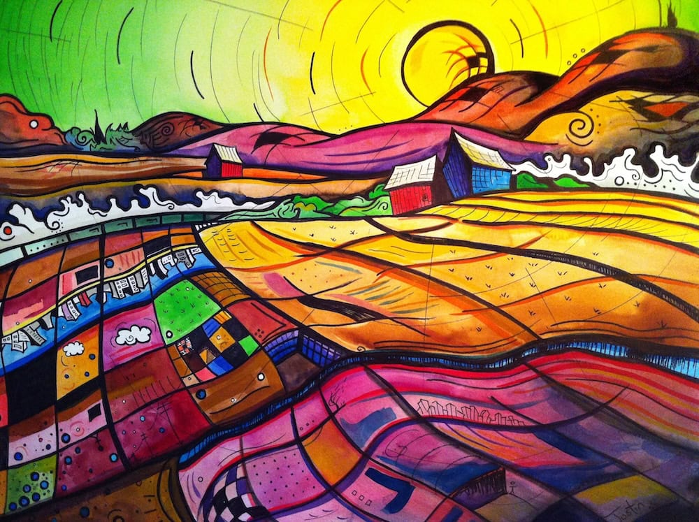 Colorful abstract landscape painting with rolling hills, patchwork fields, small houses, and a bright sun in the sky, inspired by the vibrant storytelling seen in a Justin Vining artist interview.