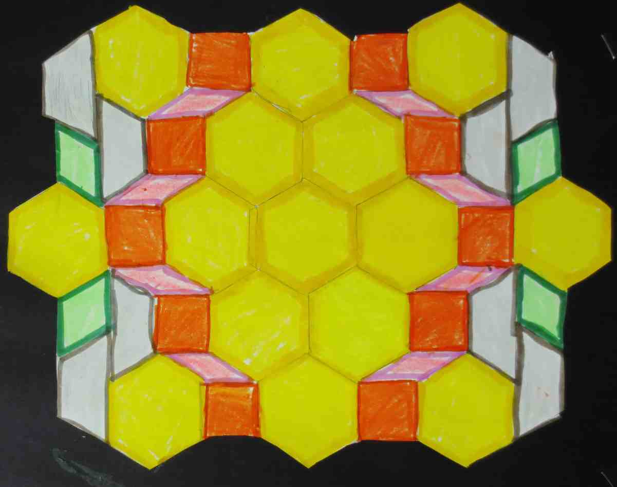 A geometric pattern block picture with yellow hexagons, surrounded by orange, green, white, and pink shapes on a black background.