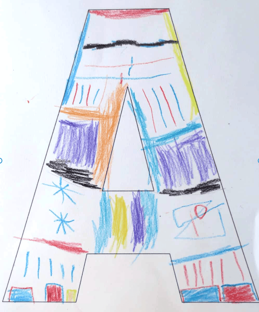 A large outlined letter "A" is filled with childlike crayon drawings in various colors, including lines, shapes, and stars on a white background—perfect for Back to School or adorable Kindergarten Letter Art.