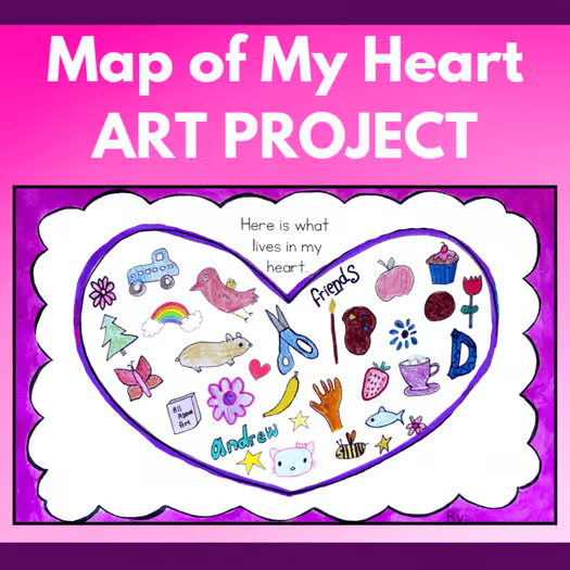 Illustrated "Map of My Heart" art project featuring a heart shape filled with colorful drawings, animals, and words like a word search—perfect for expressing personal favorites or as a free Valentine's Day activity.