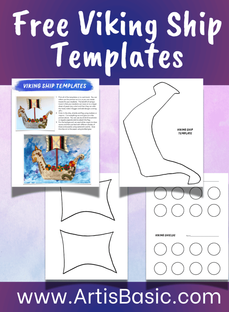 Explore our free Viking ship templates perfect for your art project. Featuring detailed outlines for ship parts and shields, all displayed on a vibrant background. Unleash your creativity at www.ArtisBasic.com.