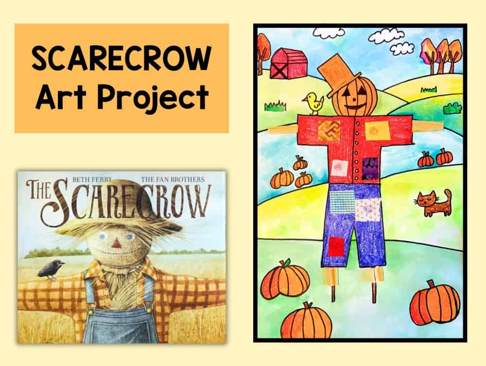 A kids' fall art lesson featuring a colorful scarecrow drawing, displayed next to the book "The Scarecrow" by Beth Ferry and The Fan Brothers, is perfect for inspiring creative scarecrow art projects.