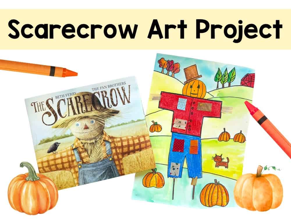 A children's scarecrow art project display with a scarecrow book, a watercolor scarecrow drawing, crayons, and small pumpkins on a white background—perfect for a fall art lesson for kids.