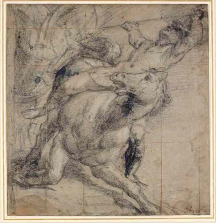 Tiziano Vecellio (Pieve di Cadore, ca. 1485/90 - Venezia, 1576), Un cavaliere e cavallo in atto di cadere, Oxford, Ashmolean Museum.