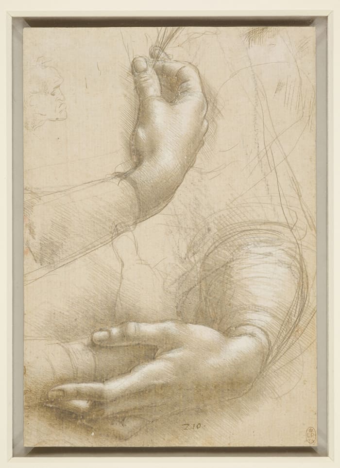 Lonardo da Vinci, Hands, c. 1474–86, silverpoint and metalpoint. Windsor Castle, Royal Library, The Royal Collection Trust, inv. RCIN 912558 (lent by Her Majesty Queen Elizabeth II). Royal Collection Trust / © Her Majesty Queen Elizabeth II 2019