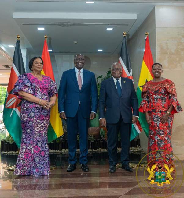 The president of Kenya and his wife, Rachel Ruto (far right), with President Nana Addo Dankwa Akufo-Addo and the First Lady, Rebecca Akufo-Addo