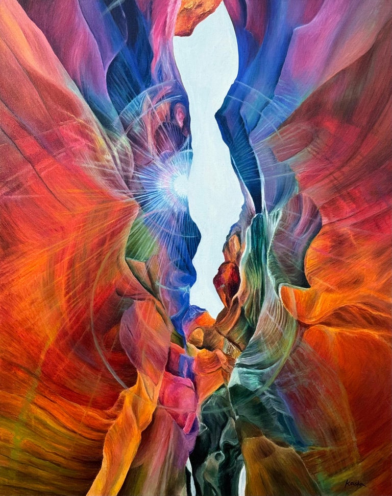 Bright Red, Blue & Green Abstract Painting of Inside Antelope Canyon in Arizona