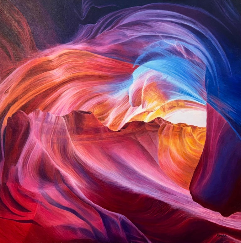 Large Square Red Pink Blue & Purple Painting of Antelope Canyon in Arizona USA