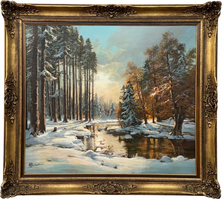 Winter Sunlight in the Forest 20th Century Realist Oil Painting by German Artist