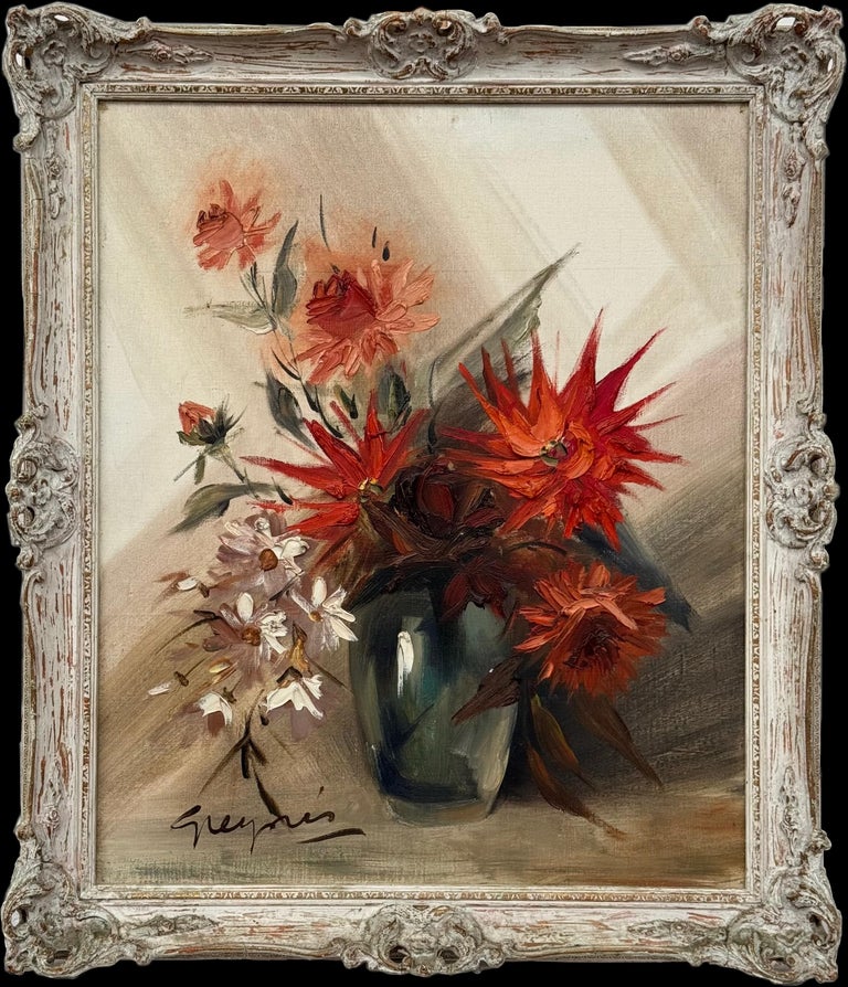 Vintage impasto oil painting of a lush bouquet of fiery red and coral flowers