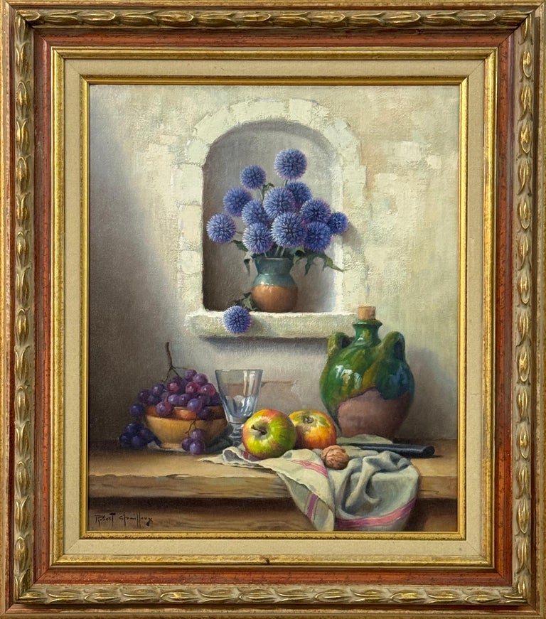 Still Life with Flowers & Fruit in a French Farmhouse Interior by French Artist