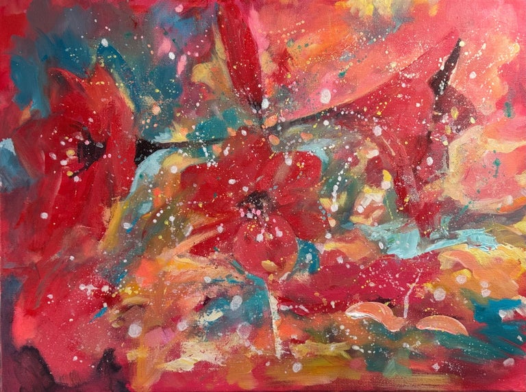 Abstract Red Flowers with splashes of Turquoise, Orange & Yellow on Box Canvas