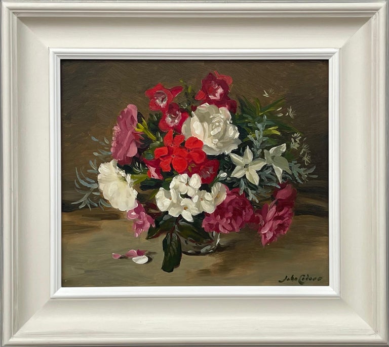 Still Life Painting of Red Pink & White Flowers