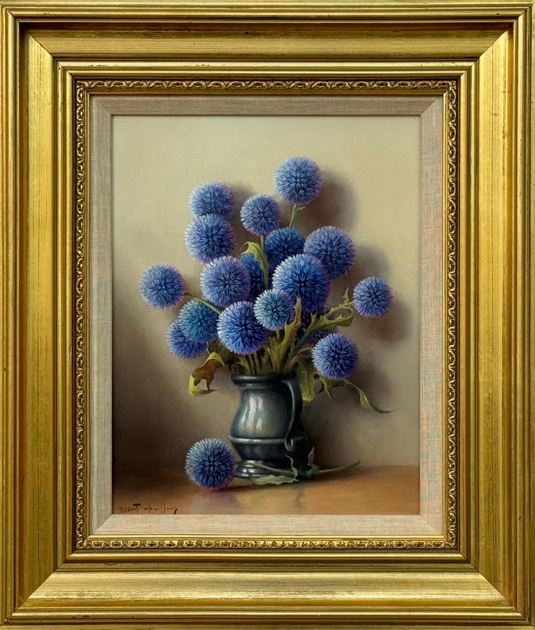 Still Life with Purple Echinops Globe Thistle Flowers in Rustic French Interior